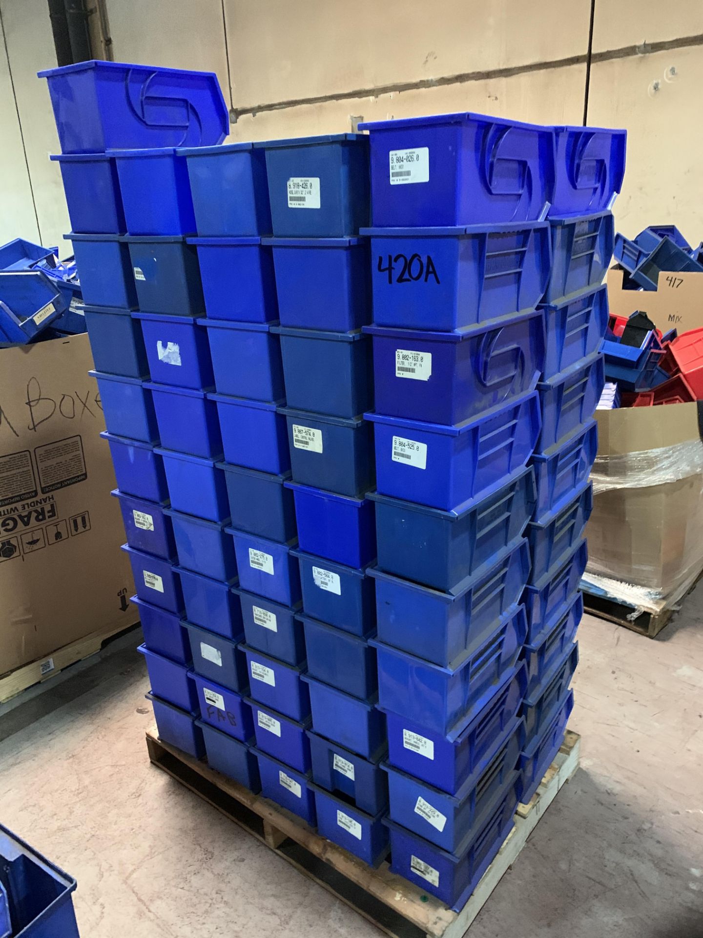 Pallet of 14"" x 8"" stackable storage bins