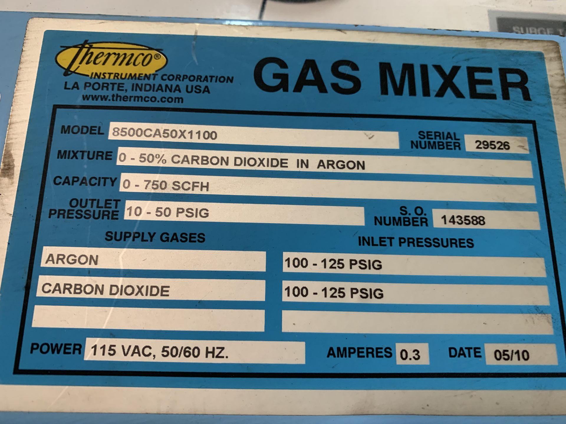 Thermco 8500CA50X1100 Gas Mixer Argon/CO2, 0-750 SCFH, 10-50PSI Outlet Pressure, S/N: 29526 - Image 3 of 3