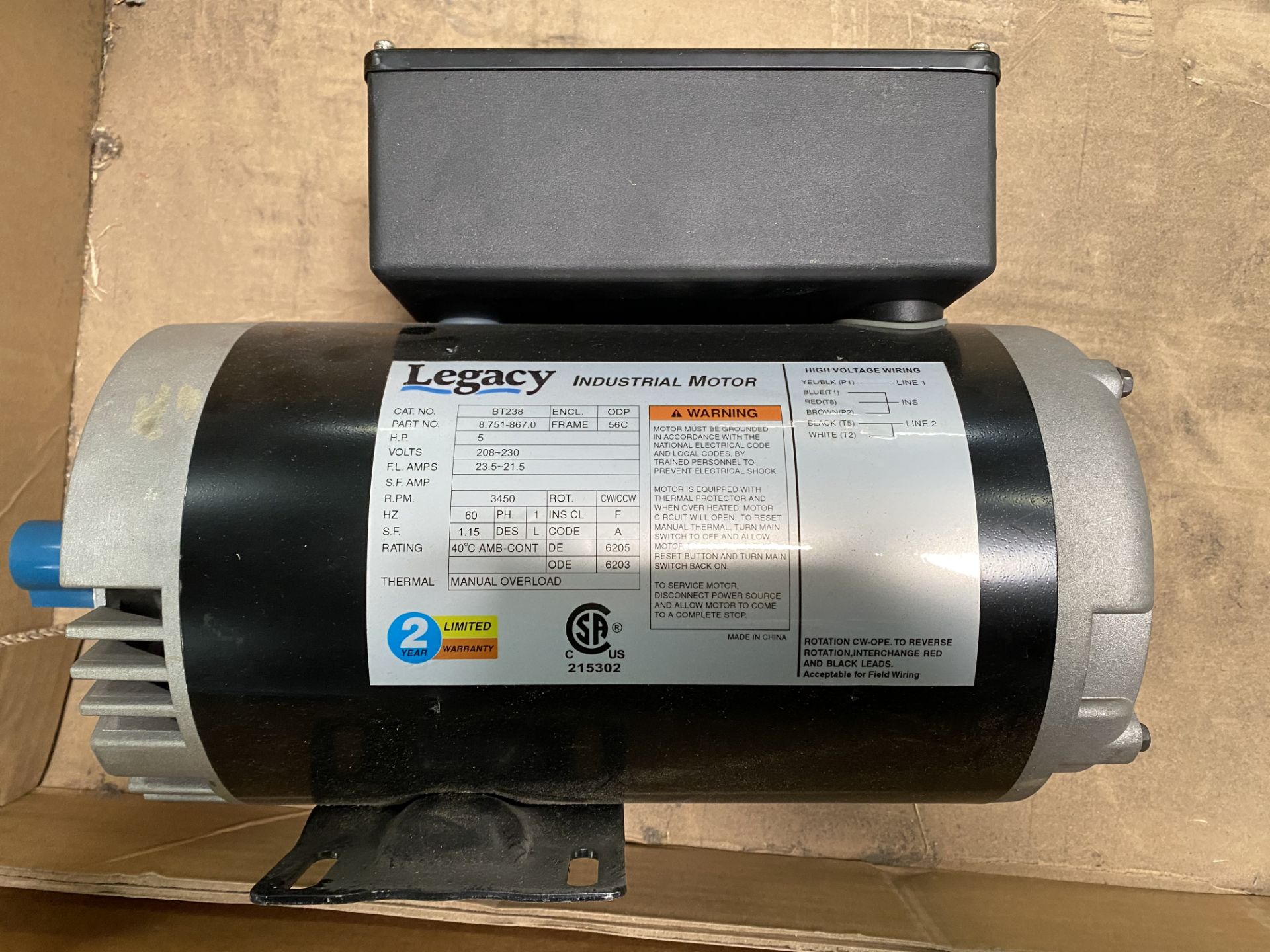 NEW Legacy BT238 Industrial Motor 5 hp 3450 rpm 208-30 volt/ single phase