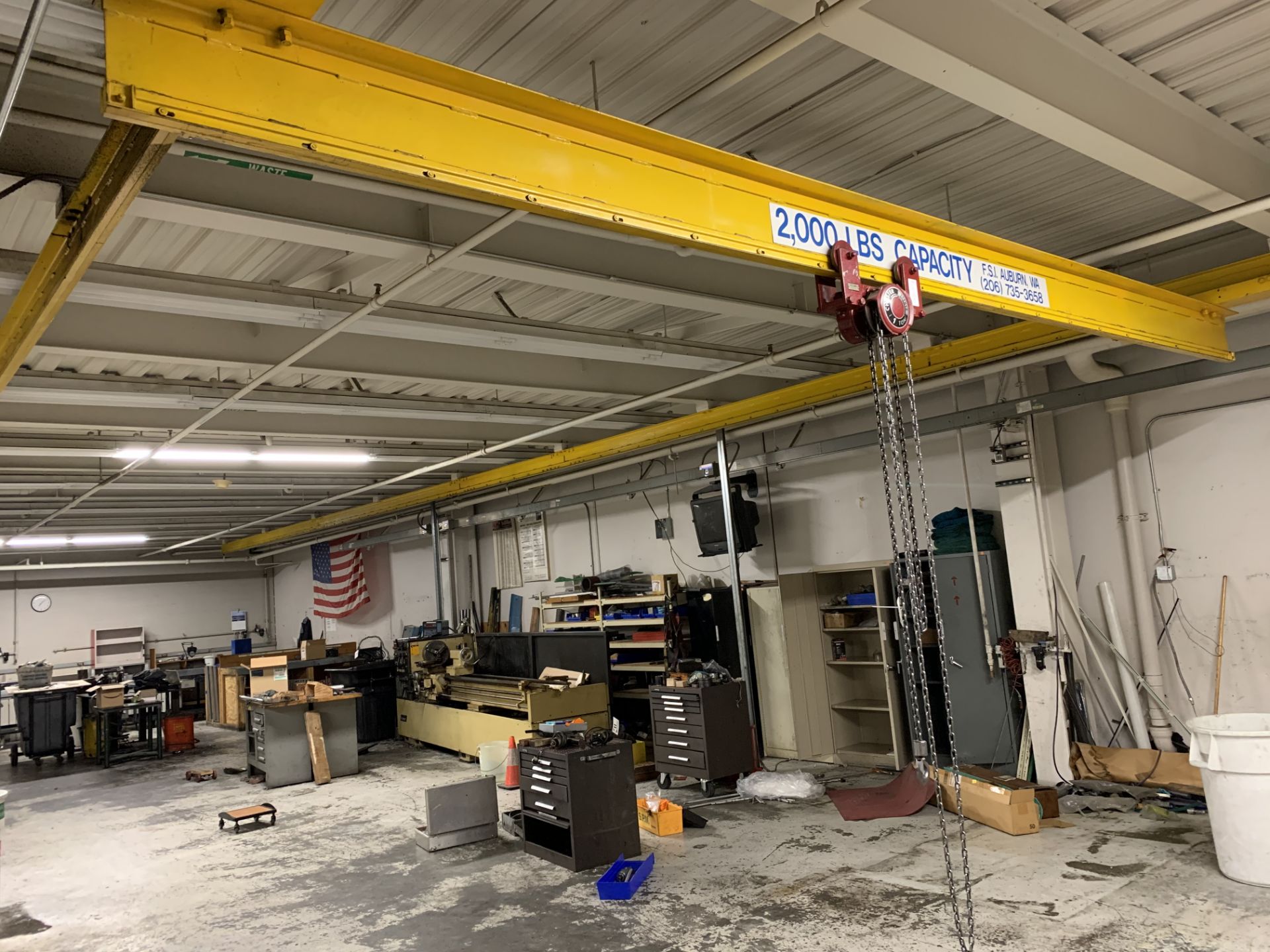 FSI 2000 lb. Bridge Crane 20' span 75' rails w/Chester Zephyr 1 ton Chain Hoist