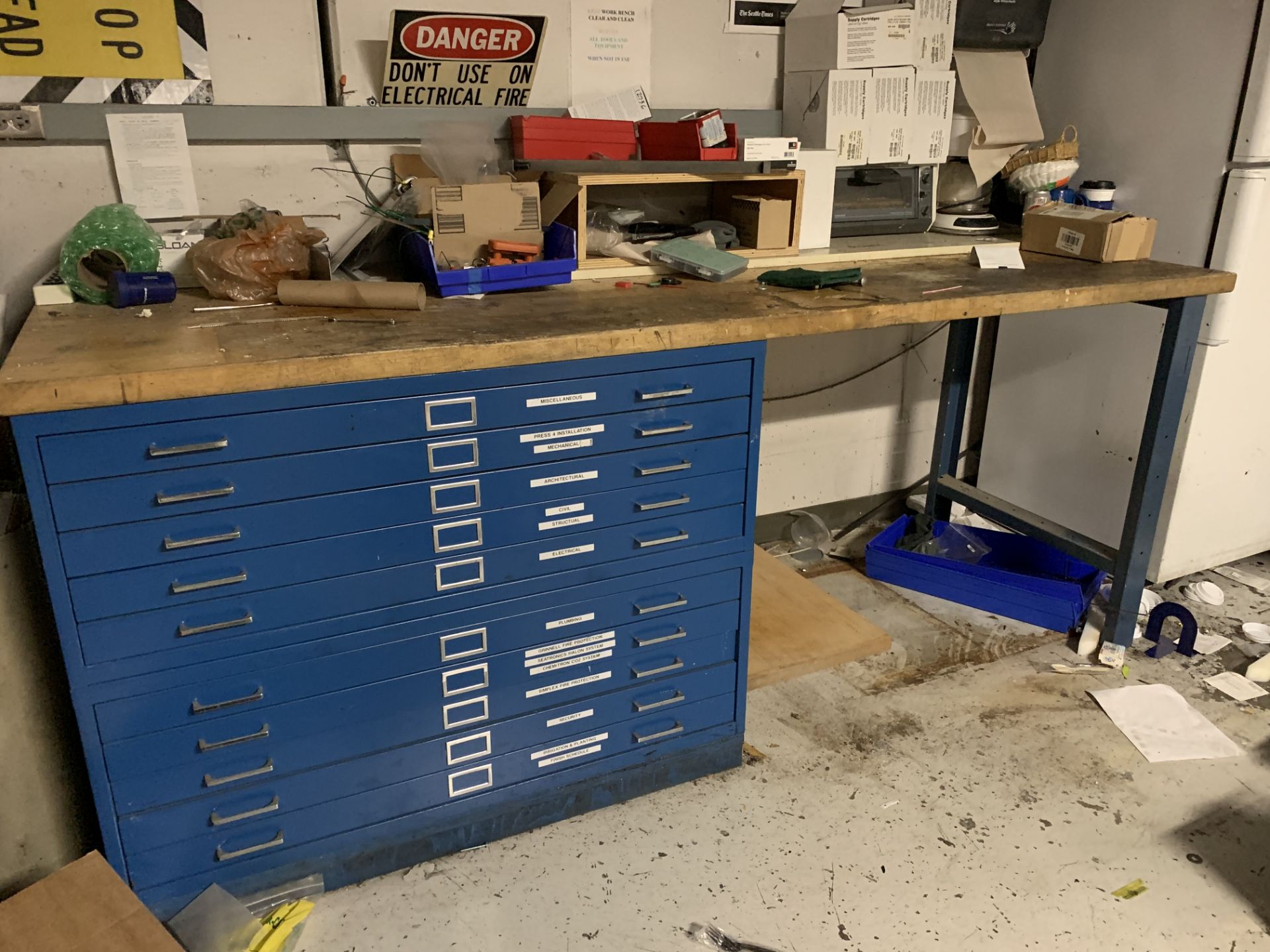 8' X 38" Work Table w/(2) 5 drawer print cabinets