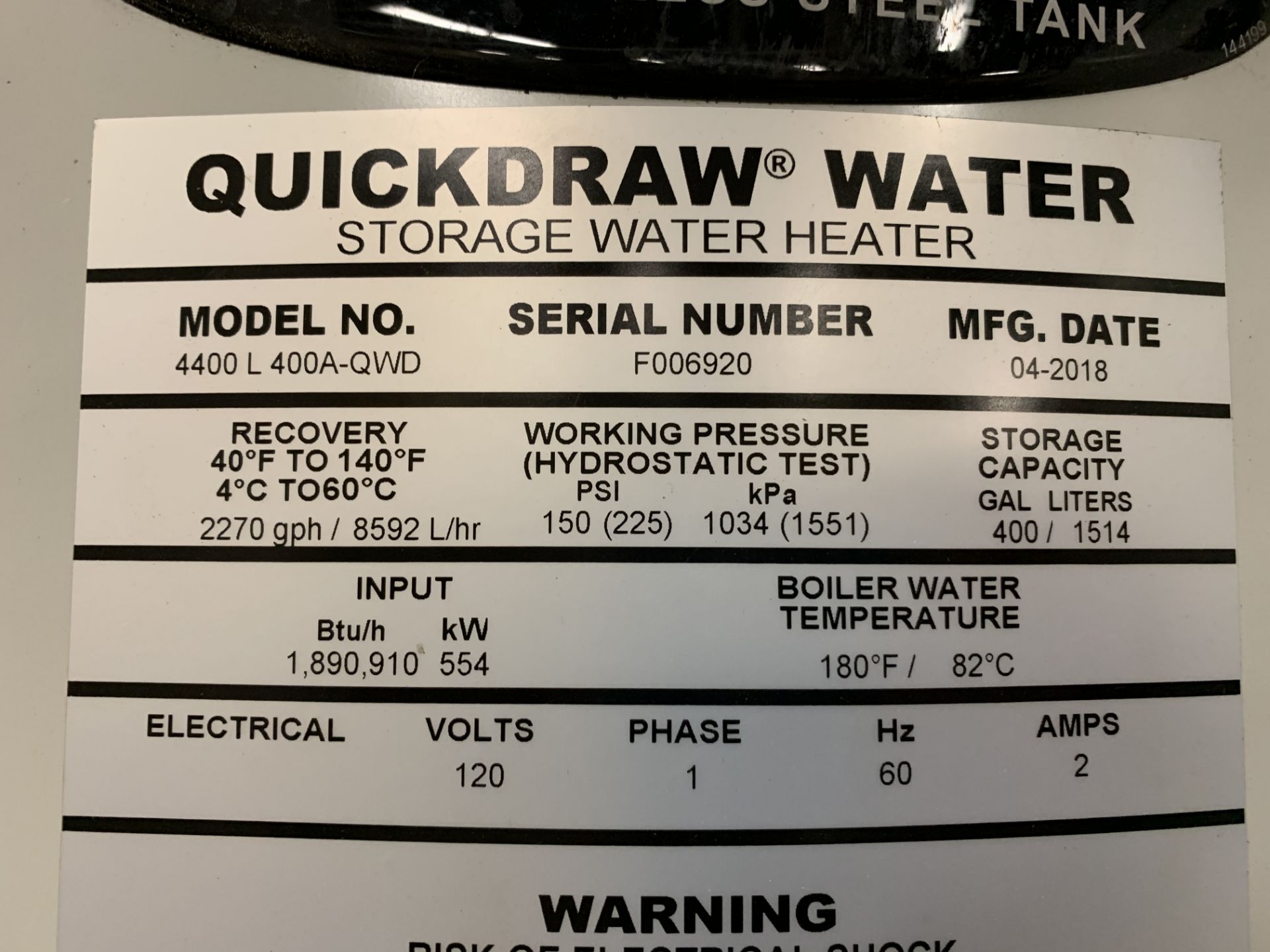 2018 PVi Quick Draw Storage Water Heater model 4400 L 400A-QWD s/n F006920 - Image 4 of 4