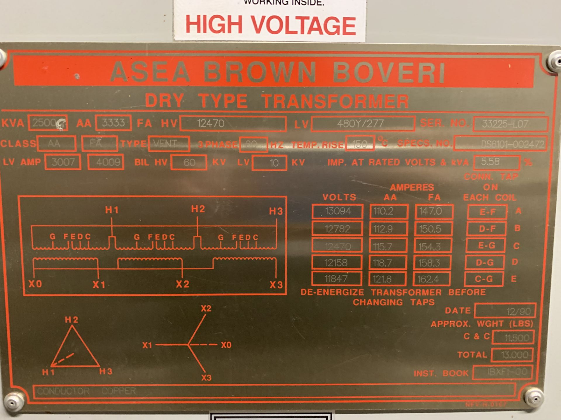 ABB ASEA Brown Boveri Drive Type Transformer 2500 kva 12470 hv 480HV/277LV - Image 2 of 3
