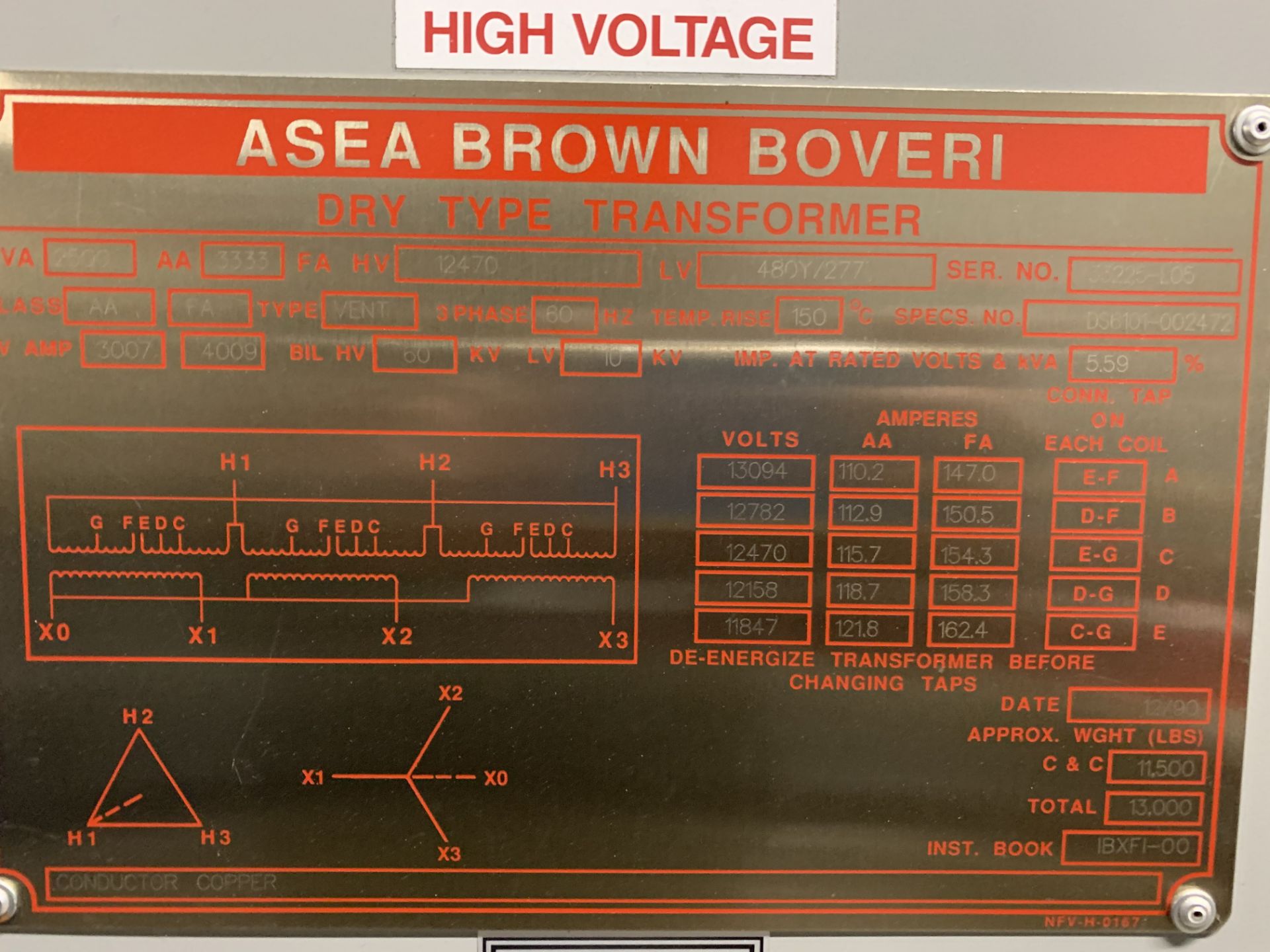 ABB ASEA Brown Boveri Drive Type Transformer 2500 kva 12470 hv 480HV/277LV - Image 2 of 3