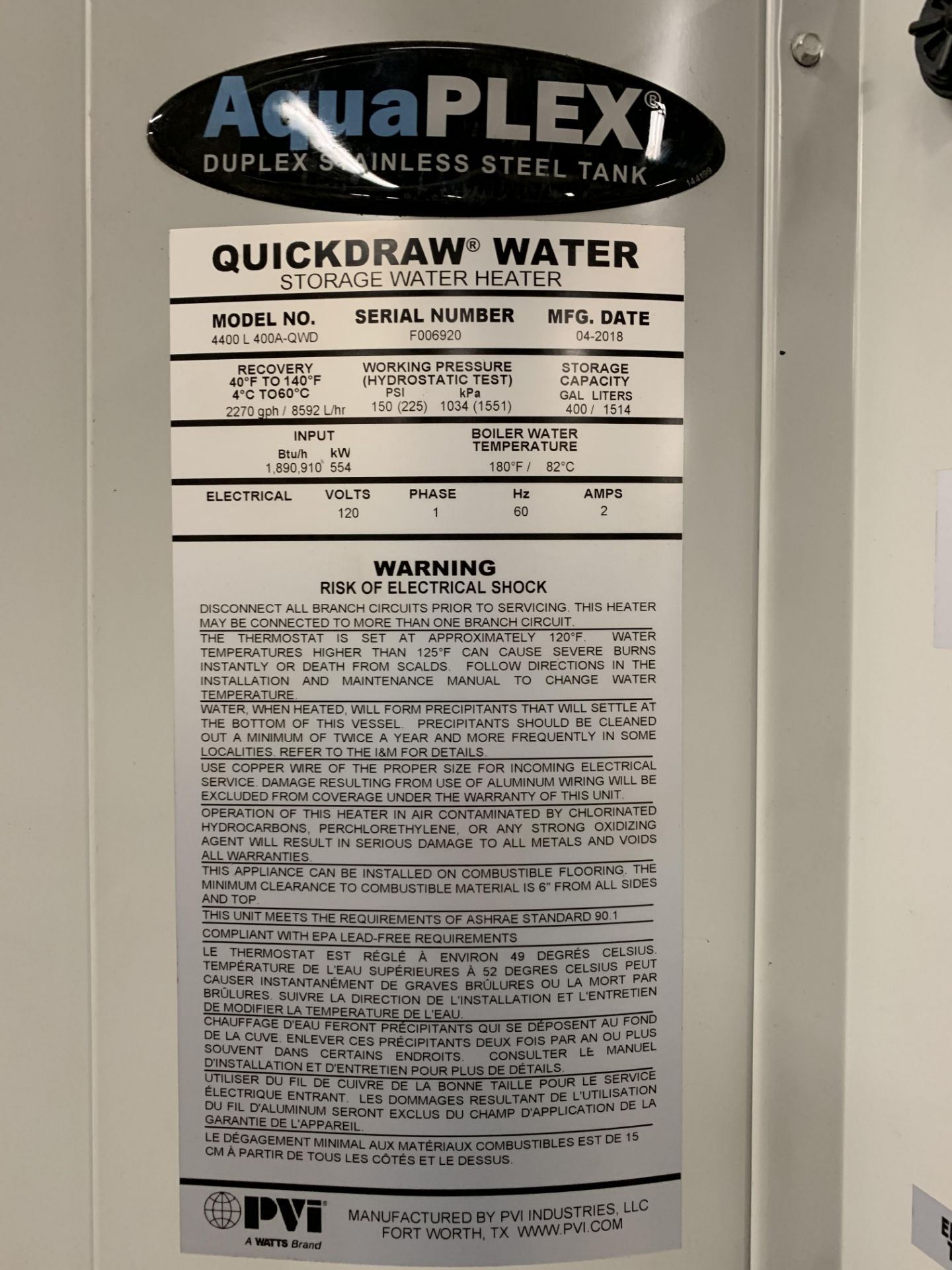 2018 PVi Quick Draw Storage Water Heater model 4400 L 400A-QWD s/n F006920 - Image 3 of 4