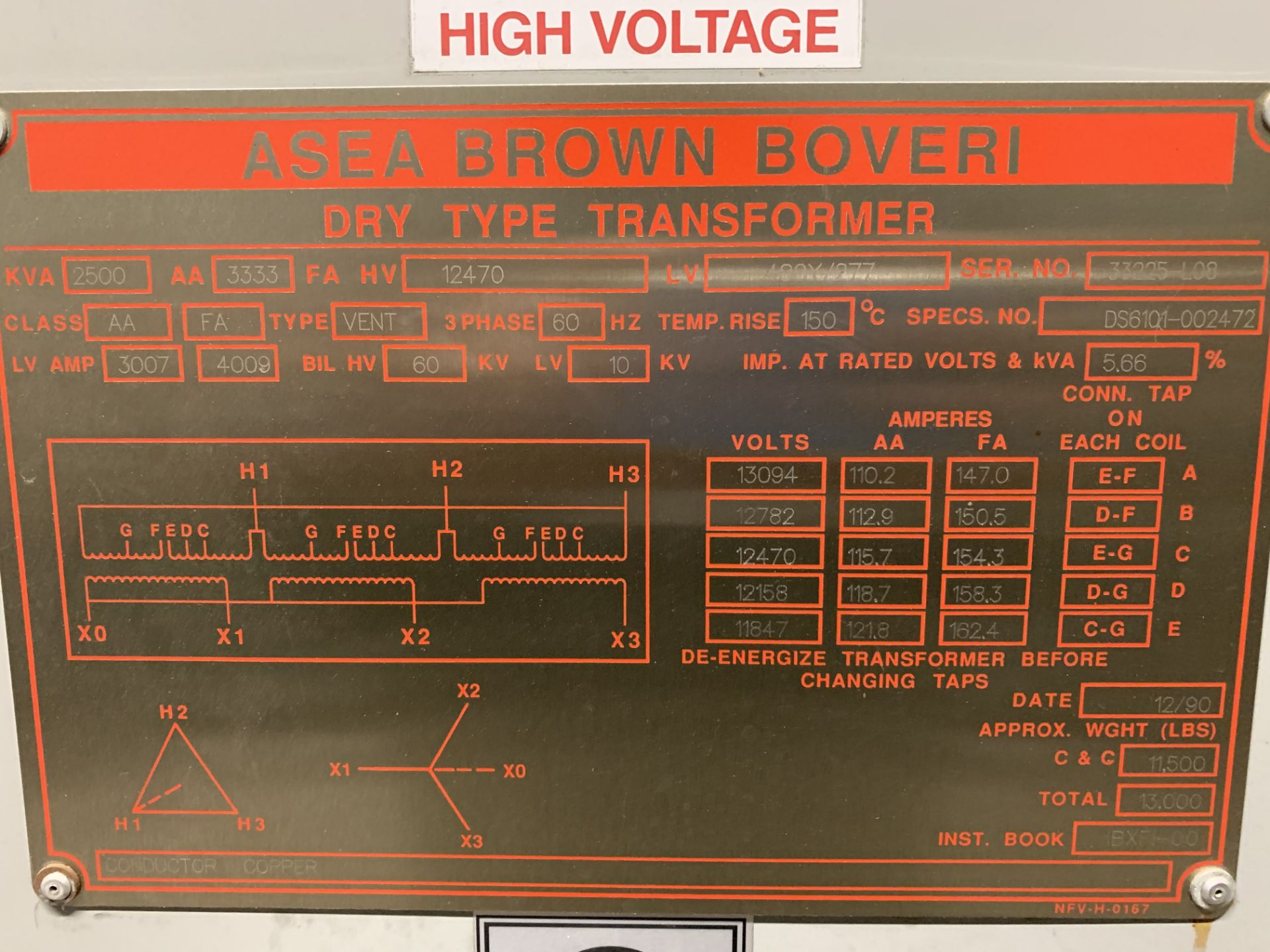 ABB ASEA Brown Boveri Drive Type Transformer 2500 kva 12470 hv 480HV/277LV - Image 2 of 3