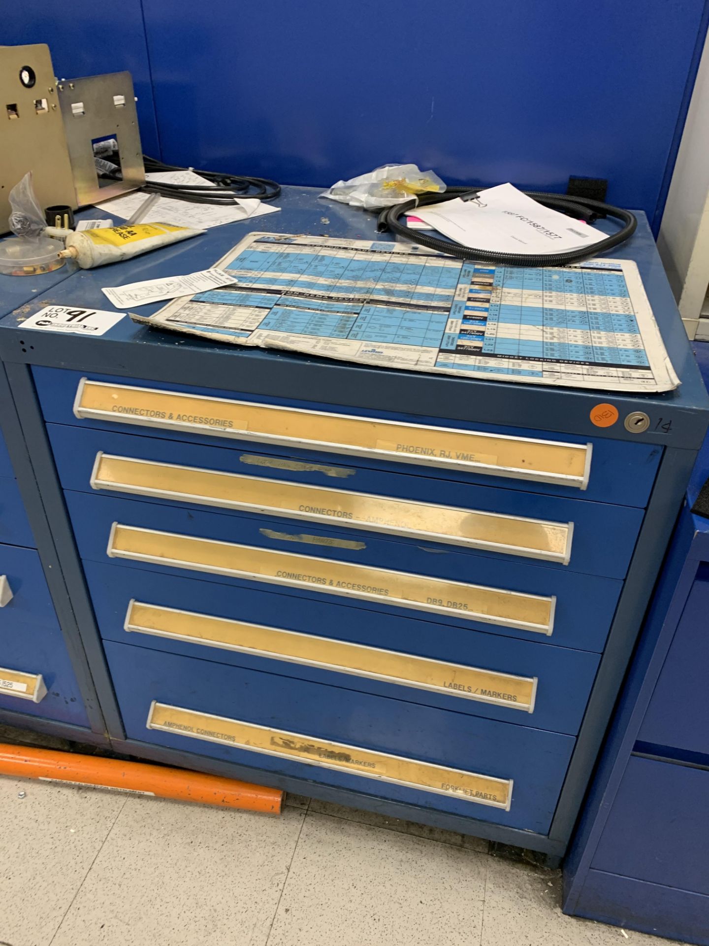 5 drawer Tool Cabinet w/electrical fittings, resistors, connectors, etc.