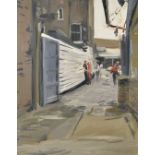 Howard Morgan (1949- ) British. 'A Chelsea Car Lot', with Figures in the Alley, Oil on Board,