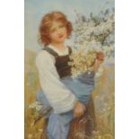 Fred Morgan (1847-1927) British. 'Spring Flowers', with a Young Girl Standing in a Field,