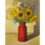 Lucy Best (20th Century) British. "Celebration", Still Life of Sunflowers in a Red Vase, Oil on