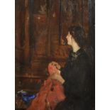 John de Costa (1867-1931) British. "Lady Sewing", an Interior Scene, Oil on Artist's Board,