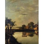 Late 18th Century Continental School. A River Landscape, with Figures in a Boat, Oil on Canvas,