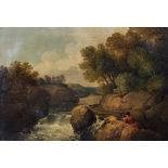 Late 18th Century Welsh School. A River Landscape, with Figures conversing in the foreground, Oil on