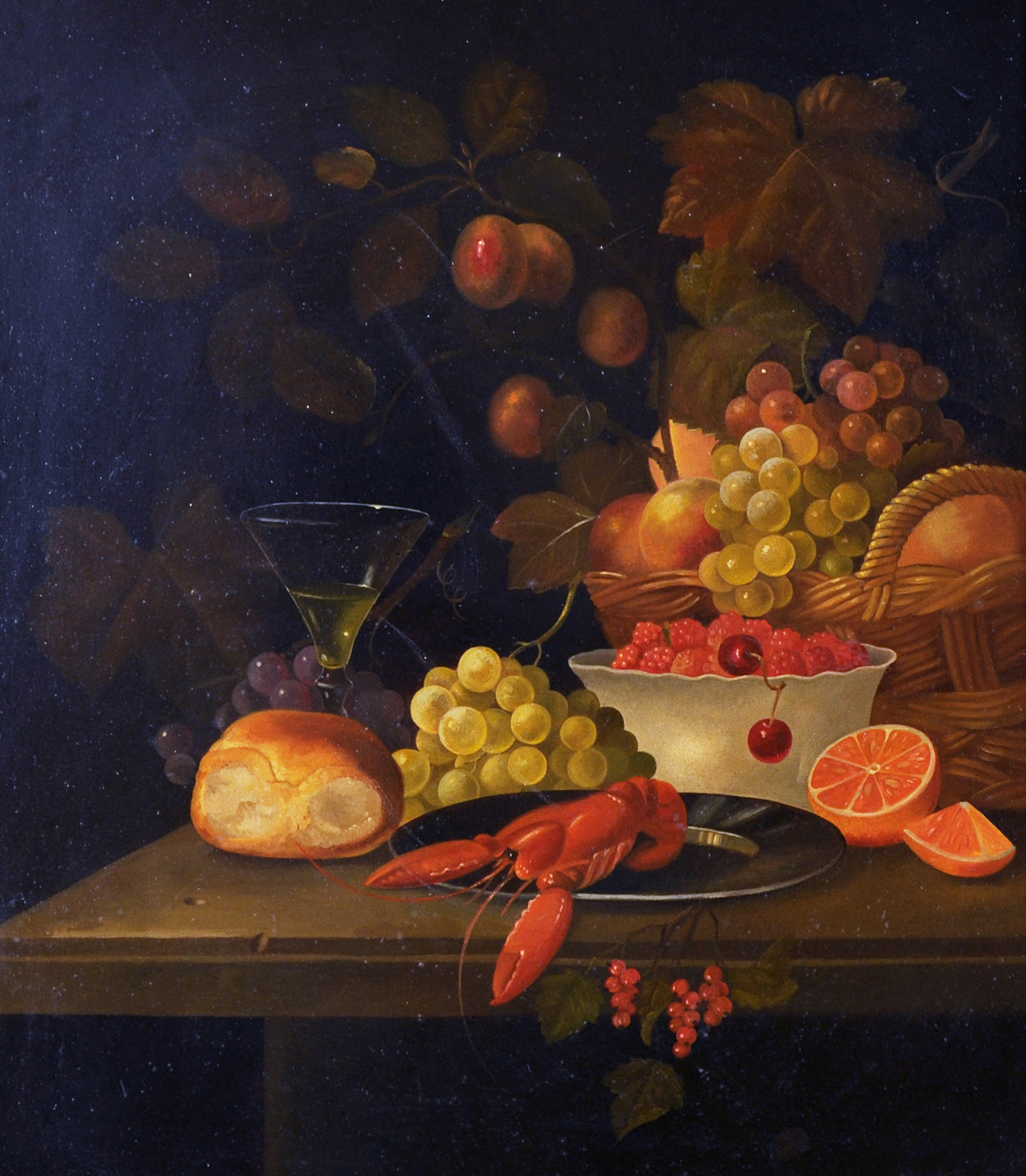 Manner of Cornelis de Heem (1631-1695) Dutch. Still Life of Fruit, Bread, a Glass and a Lobster on a