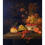 Manner of Cornelis de Heem (1631-1695) Dutch. Still Life of Fruit, Bread, a Glass and a Lobster on a