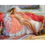 Konstantin Razumov (1974- ) Russian. "Female Nude", reclining on a Louis Style Chaise Longue, Oil on