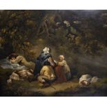 Circle of George Morland (1762-1804) British. A Resting Place, with Figures in a Wooded Landscape,