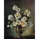 Cecil Kennedy (1905-1997) British. White Roses in a Silver Urn, with the Reflection of the Artist,