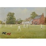 Richard Simm (1926- ) British. A Cricketing Scene on the Village Green, The Pub and Church in the