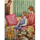 E... S... Duffin (20th Century) British. "The Monster" an Interior with Figures, Watercolour,