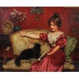 Leo A... Malempre (c.1860-c.1911) French. 'A Playful Kitten', a Lady Sitting on a Sofa with a