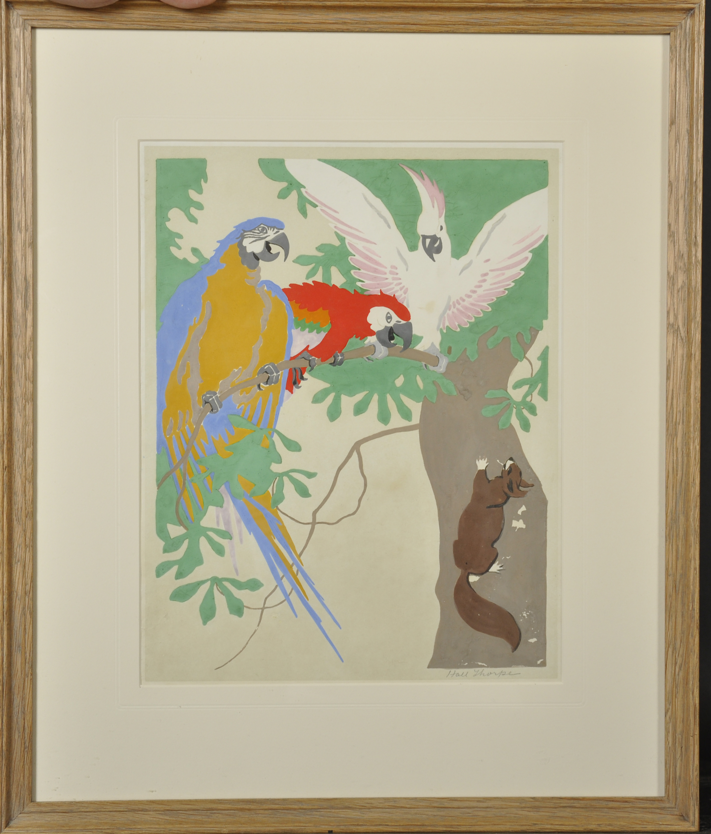 John Hall Thorpe (1874-1947) Australian. "Parrots", with Two Parrots, a Cockatoo and a Squirrel, a - Image 2 of 4
