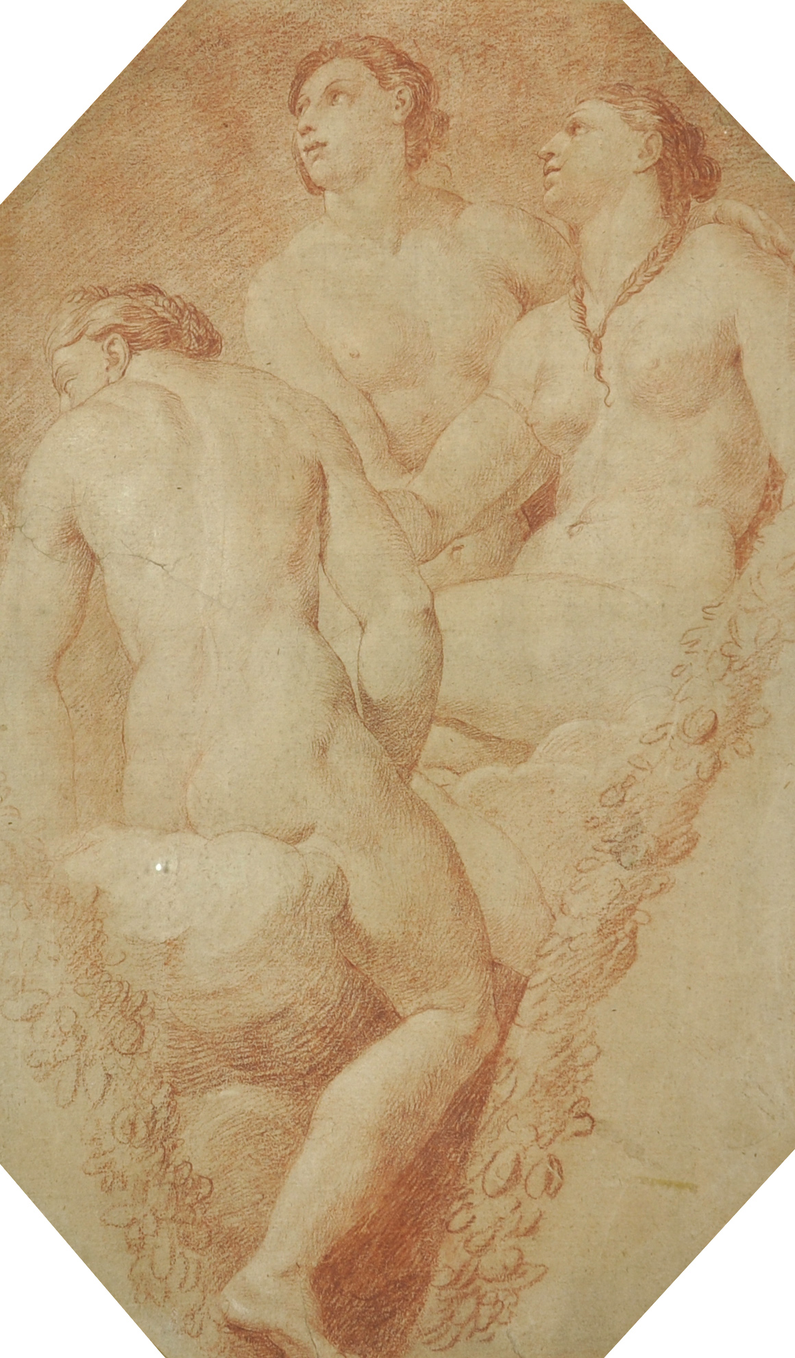 18th Century Italian School. Three Naked Figures, Sanguine, Octagonal, 16.25" x 10" (41.2 x 25.4cm).