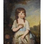 18th Century English School. A Half Length Portrait of a Young Girl Standing in a Landscape, Wearing