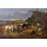 John Frederick Herring (Jnr) (1826-1907) British. "Resting the Teams", a Farm Scene with Figures,
