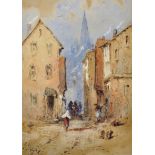 George James Knox (1810-1897) British. Figures in a Street Scene, a Cathedral in the distance,