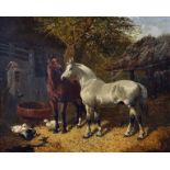 John Frederick Herring (Snr) (1795-1865) British. A Sunny Farmyard, with Two Horses and Ducks, Oil