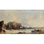 William McAlpine (19th - 20th Century) British. A Coastal Scene, with Beached Vessels, Oil on