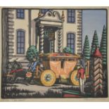 Kenneth Stephen Broad (1889-1959) British. "The Coach", Woodprint, Signed, Inscribed, and