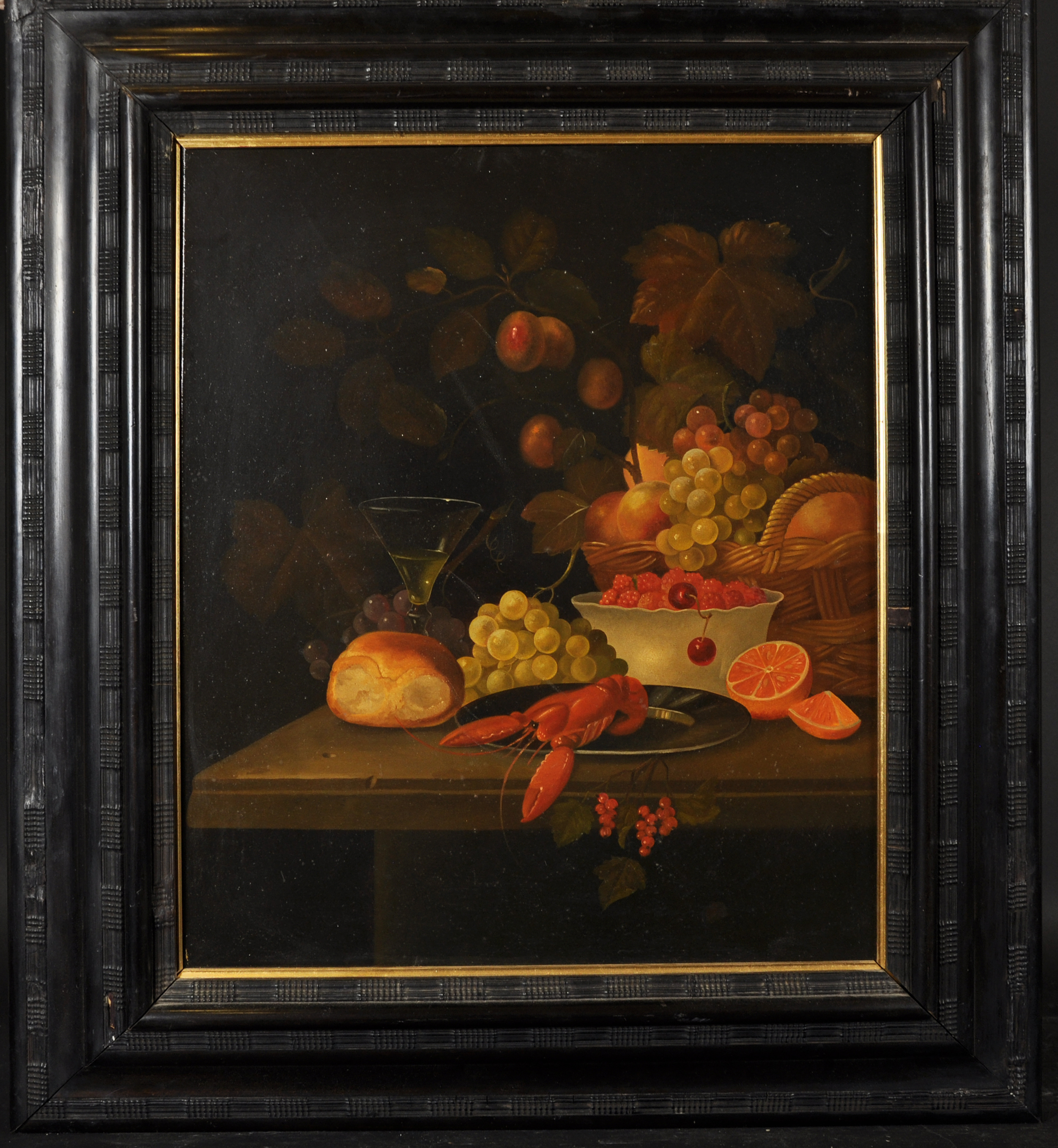 Manner of Cornelis de Heem (1631-1695) Dutch. Still Life of Fruit, Bread, a Glass and a Lobster on a - Image 2 of 4