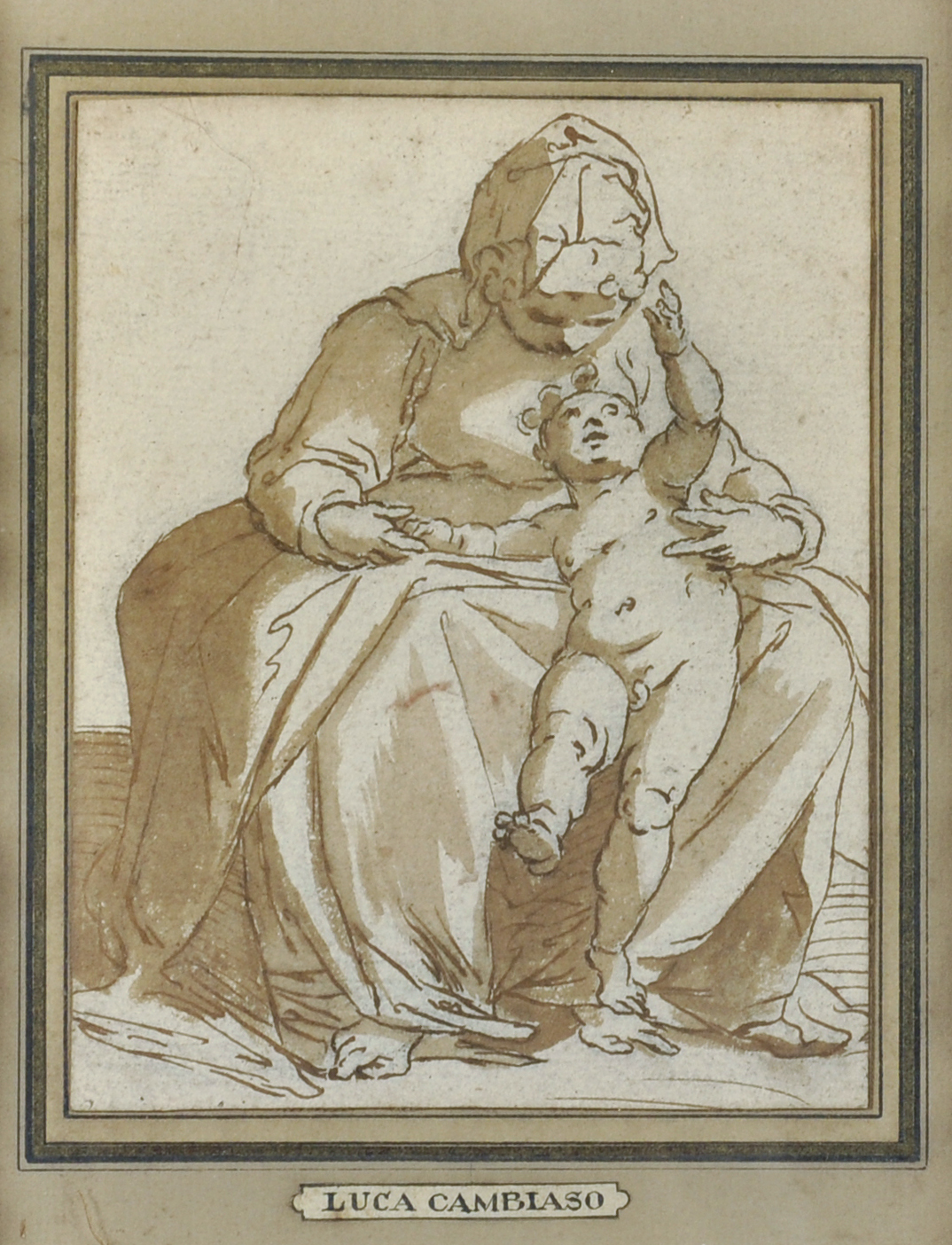 Attributed to Luca Cambiaso (1527-1585) Italian. "The Madonna and Child", Sepia Ink and Wash, in