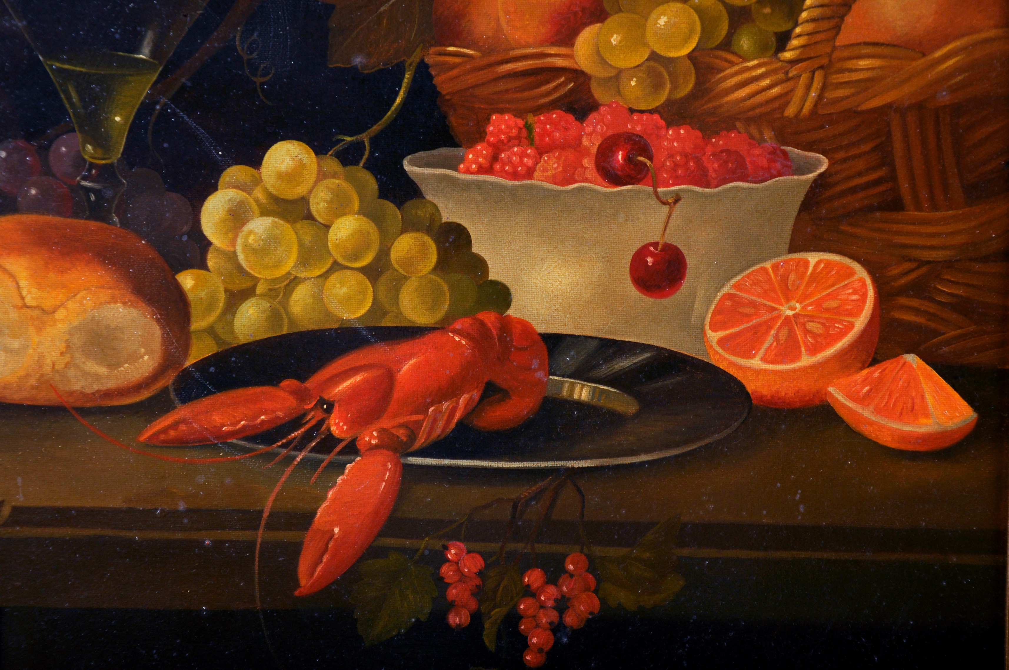 Manner of Cornelis de Heem (1631-1695) Dutch. Still Life of Fruit, Bread, a Glass and a Lobster on a - Image 3 of 4