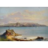 19th Century English School. A Coastal Scene with Sailing Boats, and a Distant Town, Oil on Board,