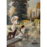 Jules Lentrein (1875-1943) Belgian. 'Elegant Figures by an Ornamental Pond', Oil on Canvas,