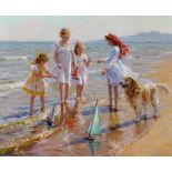 Konstantin Razumov (1974- ) Russian. "On the Sea Shore", Young Girls paddling in the Sea, with their
