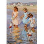 Konstantin Razumov (1974- ) Russian. "Three Girls on the Beach, Playing with Toys Yachts", Oil on