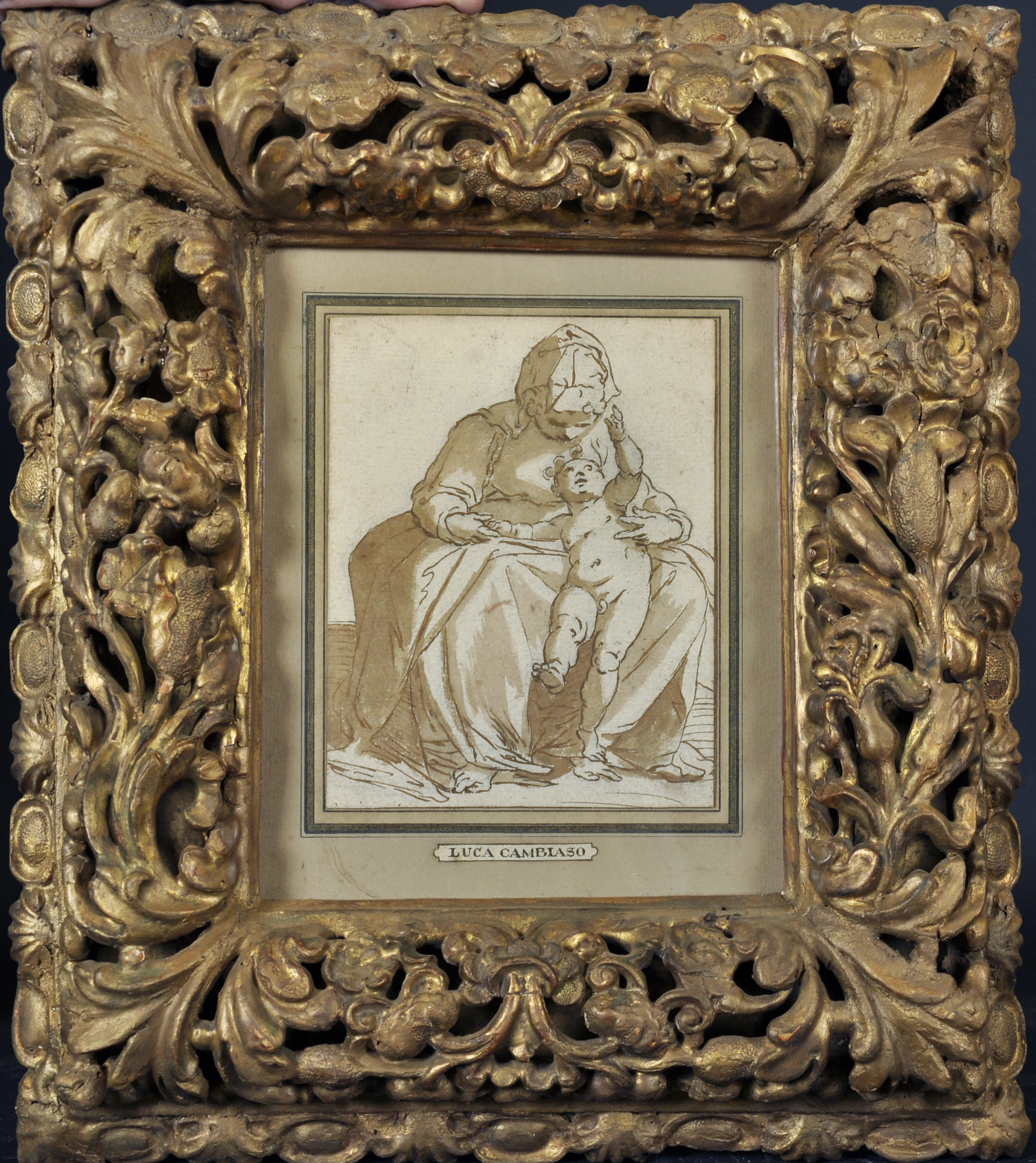 Attributed to Luca Cambiaso (1527-1585) Italian. "The Madonna and Child", Sepia Ink and Wash, in - Image 2 of 6