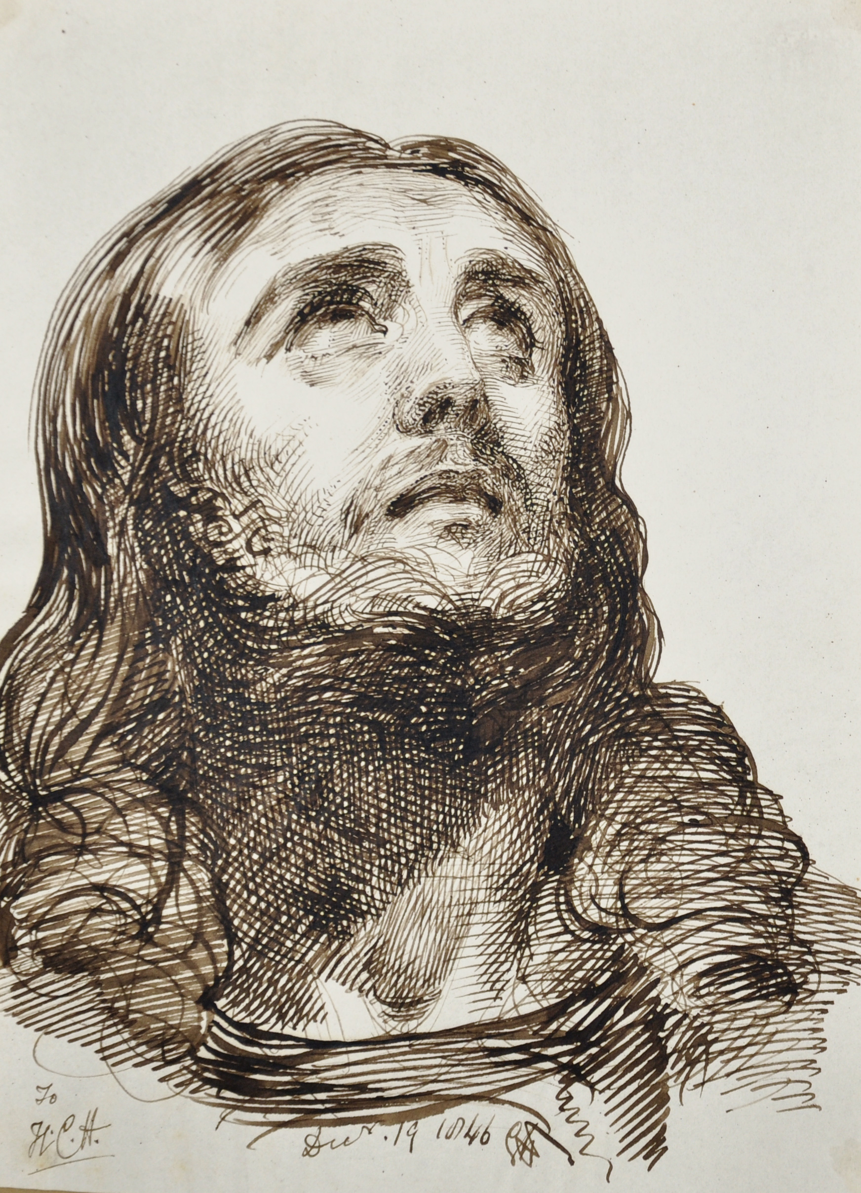 George Hayter (1792-1871) British. Study of the Head of Christ, Ink, Inscribed 'To LCH' and Dated '