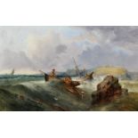 John R... Bullock (19th - 20th Century) British. A Coastal Scene, with Figures in a Boat, a
