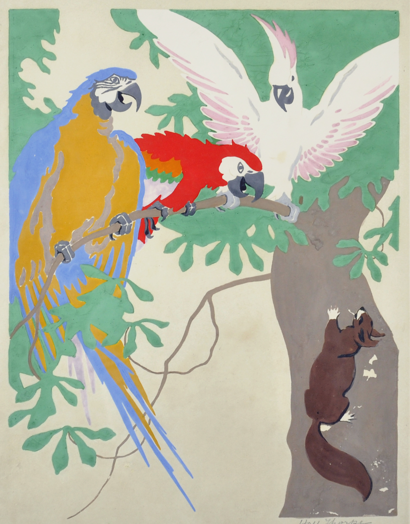 John Hall Thorpe (1874-1947) Australian. "Parrots", with Two Parrots, a Cockatoo and a Squirrel, a