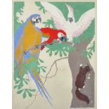 John Hall Thorpe (1874-1947) Australian. "Parrots", with Two Parrots, a Cockatoo and a Squirrel, a