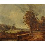 Manner of John Constable (1776-1851) British. A Windswept Landscape, with a distant Windmill, Oil on