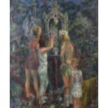 Geoffrey Hamilton Rhoades (1898-1980) British. Figures at a Temple, Oil on Canvas, Signed with