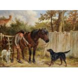 James Hardy (1832-1889) British. A Young Gamekeeper with a Pony, Calling in the Dogs, with Pheasants