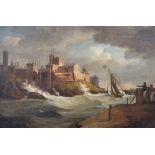Late 18th Century English School. A Stormy Coastal Scene, with Peel Castle, a Sailing Boat coming