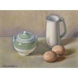 Arnold Auerback (1898-1978) British. Still Life of a Sugar Bowl, Jug and Two Eggs, Oil on Board,